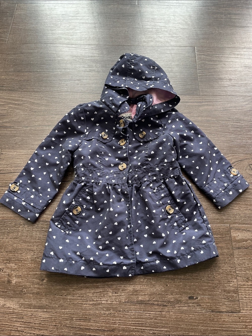 Baby Girl Navy Heart Print Hooded Trench Coat Size 24 Month